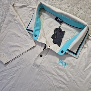 PXG Performance Polo Shirt Mens XL Beige Teal Stripe Parsons Xtreme Golf Logo
